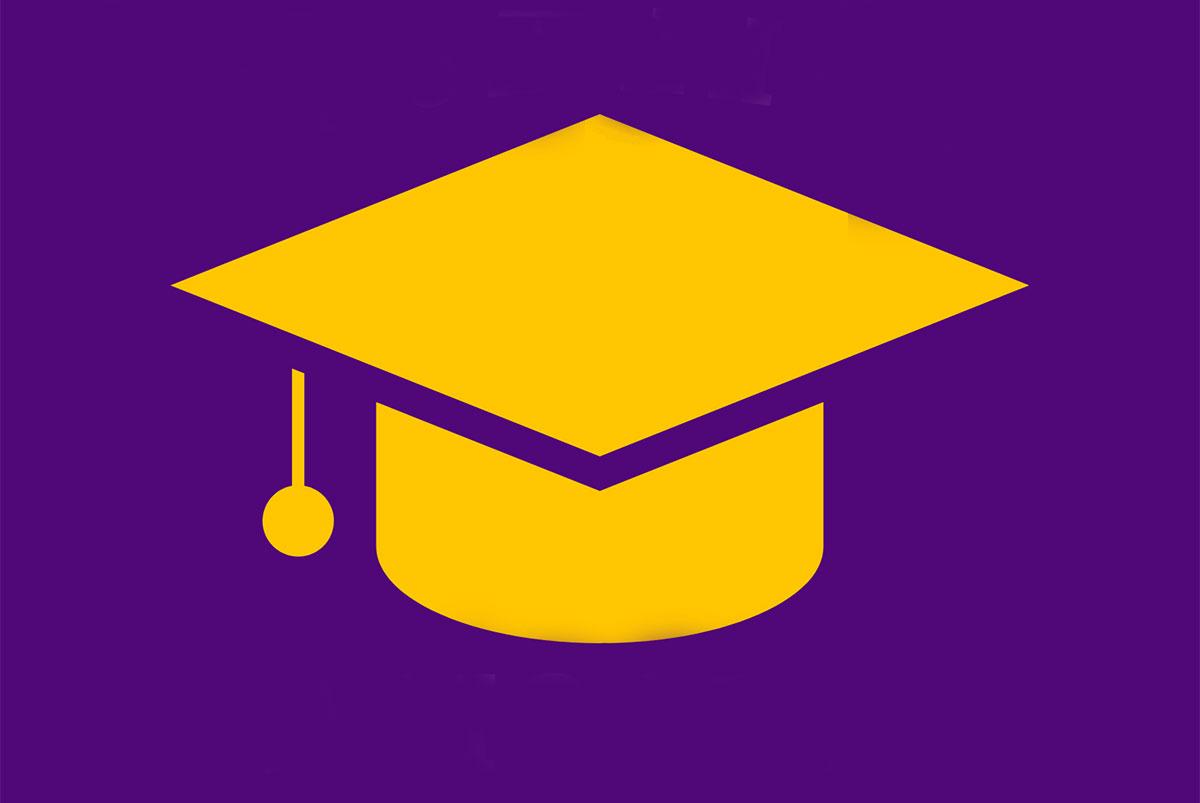 Purple background with a yellow graduation cap on top